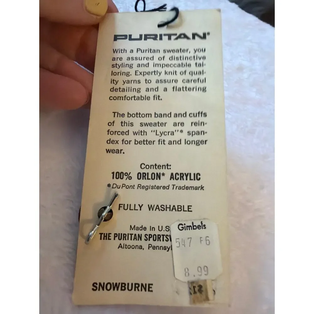 Vintage Puritan Sportswear Snowburne Sweater Hang Tag Snowflake Button USA